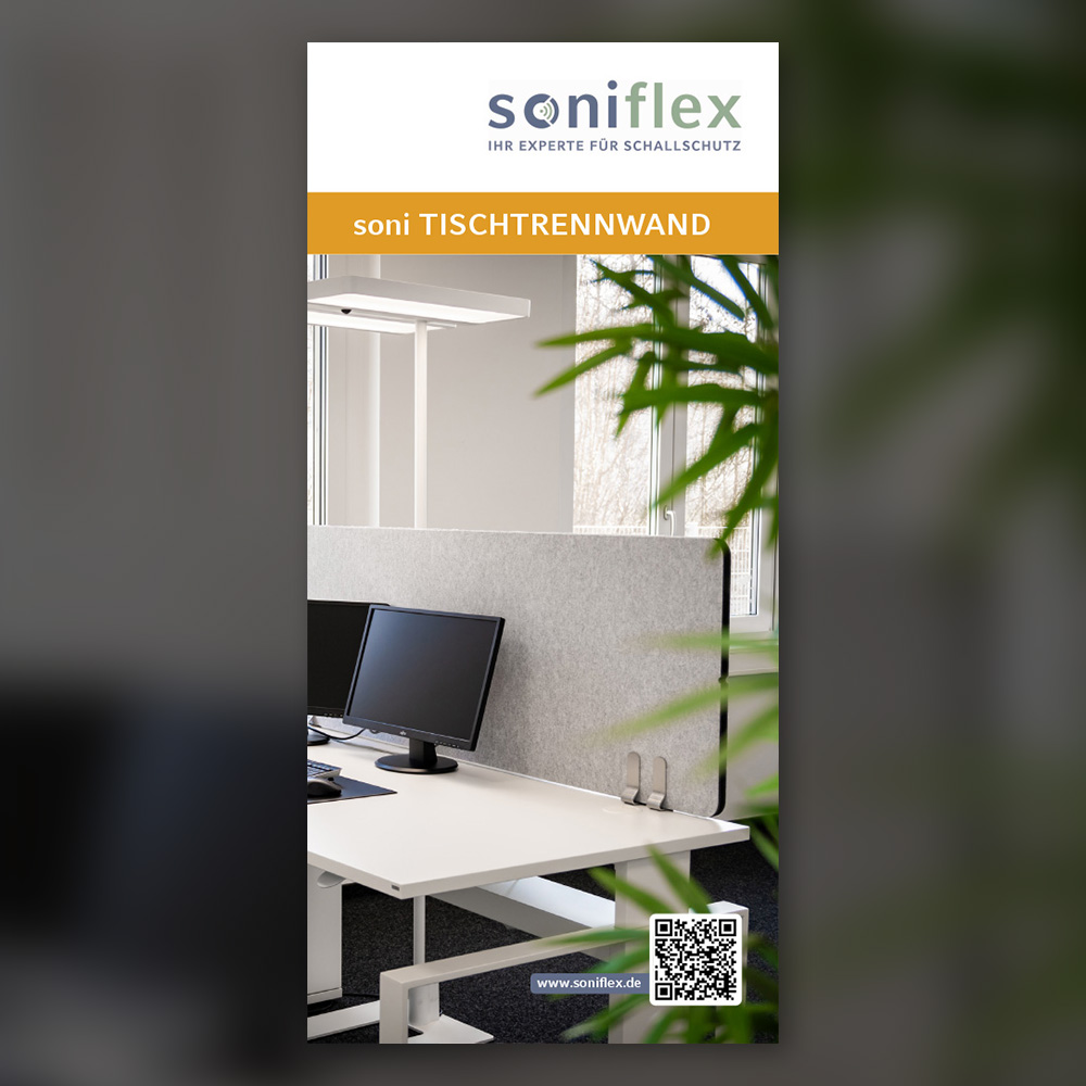 Tischtrennwandsflyer mit einem modernen Schreibtisch abgebildet