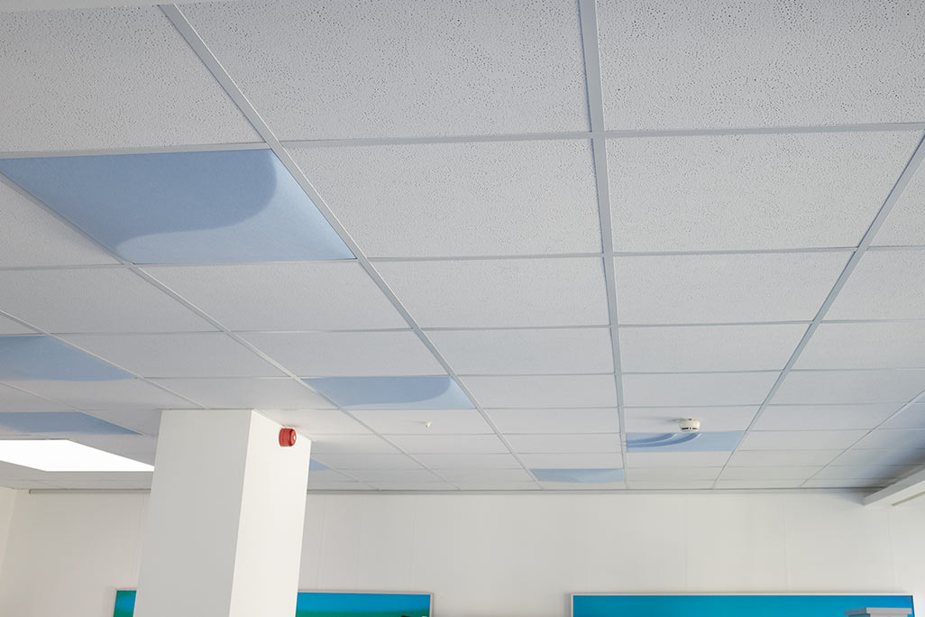 Ausschnitt einer handelsüblichen Rasterdecke mit eingelegten Akustikabsorbern soni COMFORT SD in Weiß und soni COLOR Design in Blau.