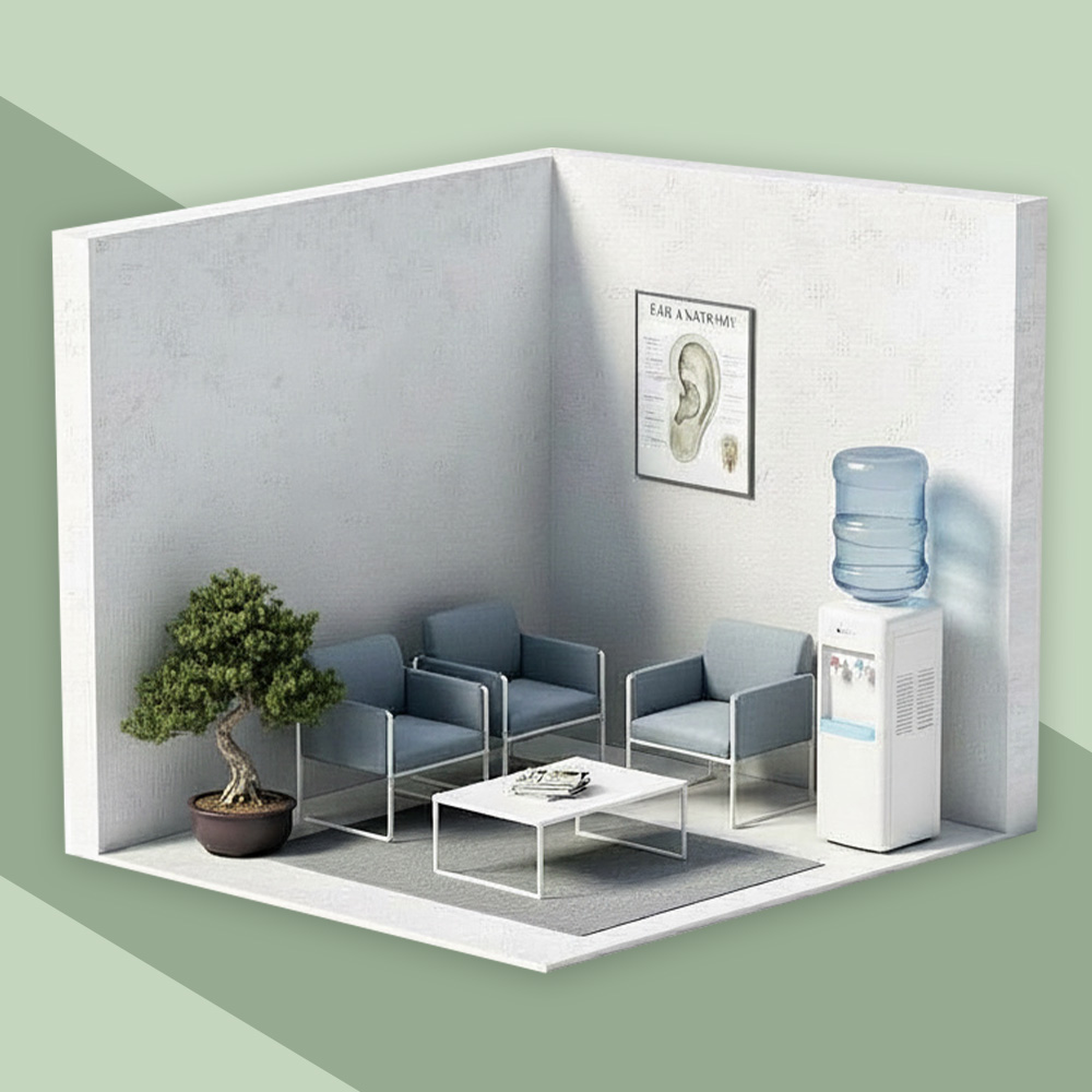 Modell eines modernen Wartezimmers mit Sitzgelegenheiten und Wasserspender