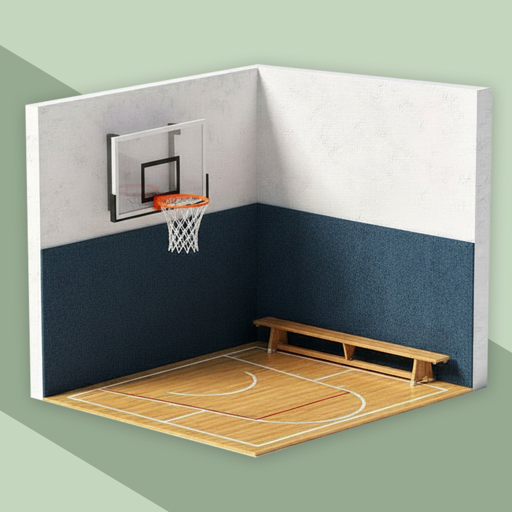 Modell einer Turnhalle mit Bank und Basketballkorb