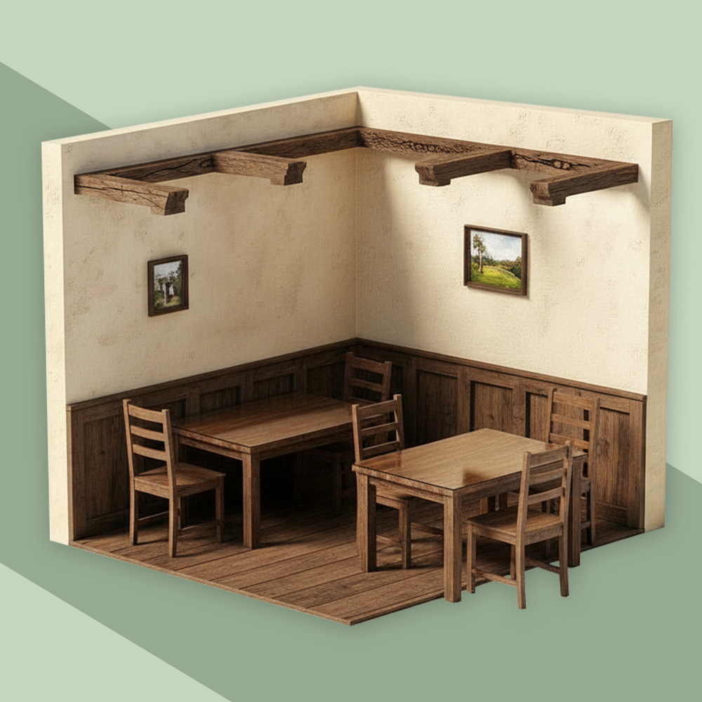 Modell eines alten europäischen Vereinsheims mit viel Holzelementen