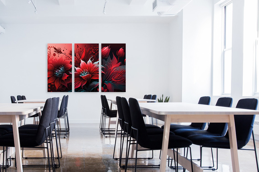 soni PICTURE Helle freundliche Kantine mit einem 3er Set unseres Akustikbildes soni PICTURE and der Wand