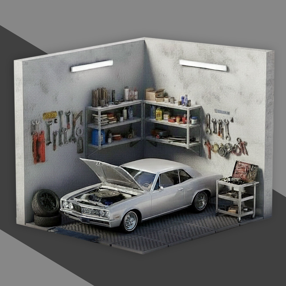 Modell einer Autowerkstatt mit Auto mit offener Motorhaube darin