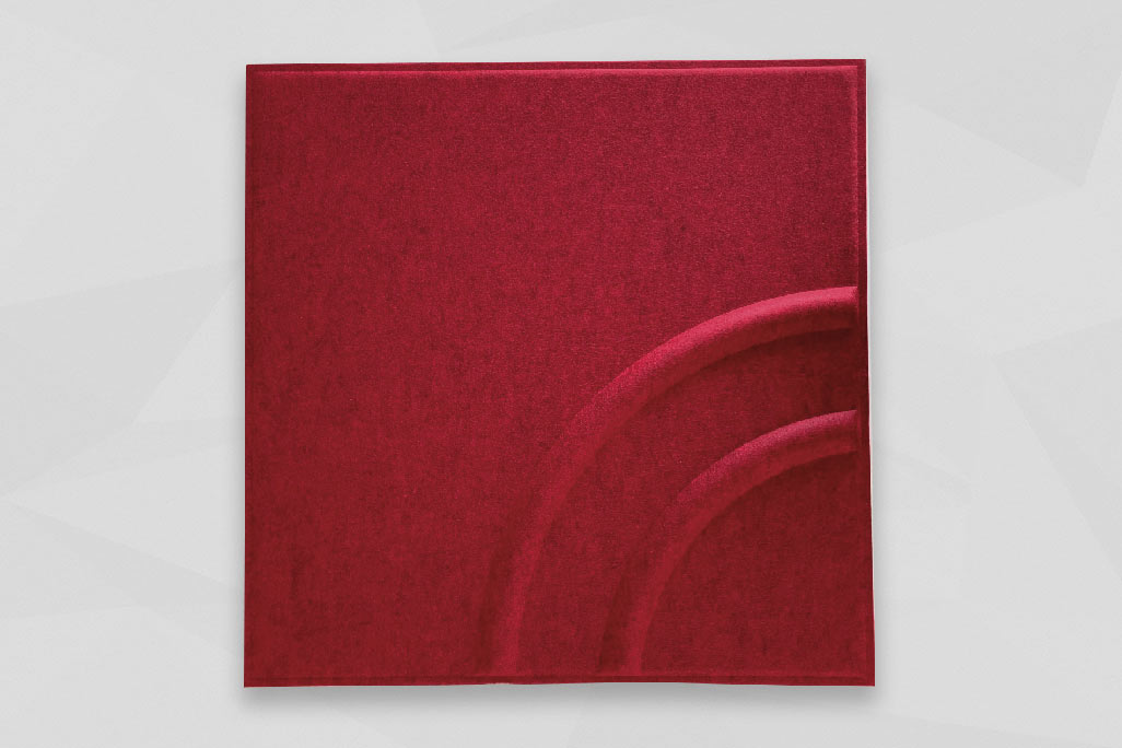 Rechteckiger Rasterdeckeneinleger in Rot soni COLOR Design vor grauem Hintergrund fotografiert