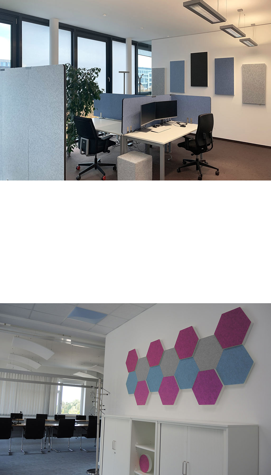 Bunte Akusikelemente an der Wand