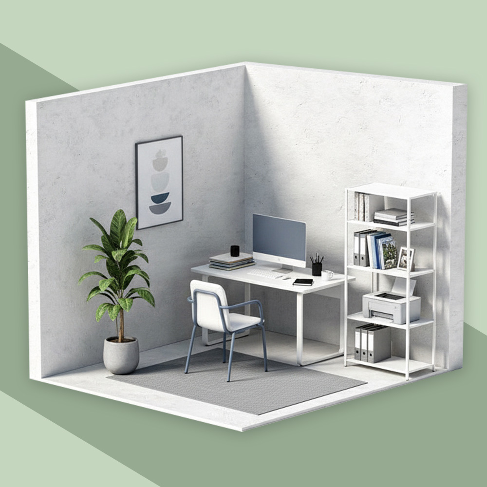 Modell eines modernen weißen Büros mit Schreibtisch und Computer