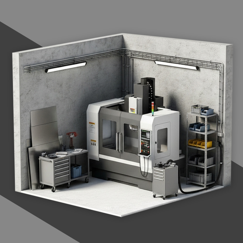 Modell einer industriellen Maschine innerhalb einer Schutzhaube