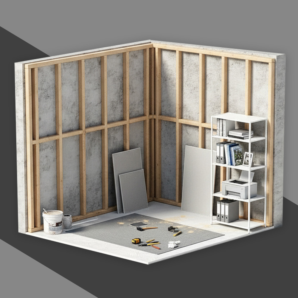 Modell einer Holzlattung auf einer Wand während einer Renovierung