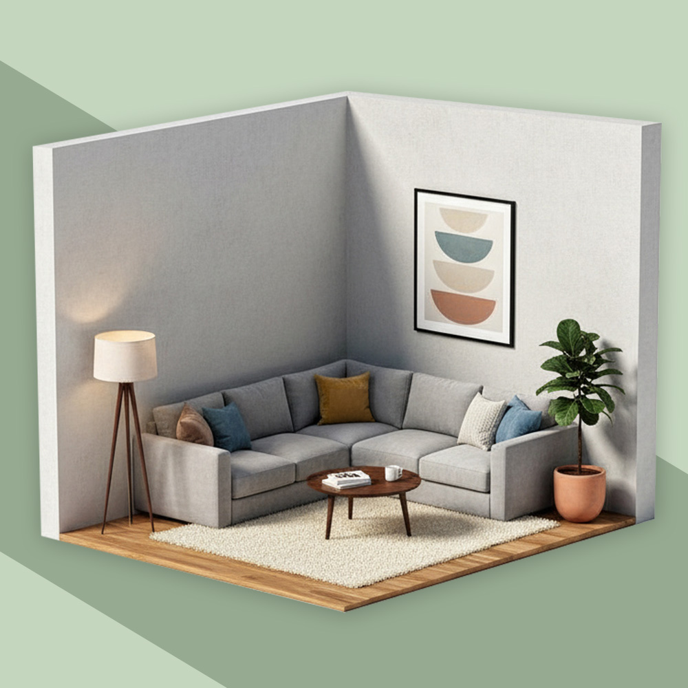 Modell eines gemütlichen Wohzimmers mit Couch und Teppich