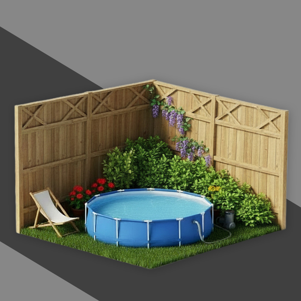 Modell eines kleinen Gartens mit Pool und Poolpumpe